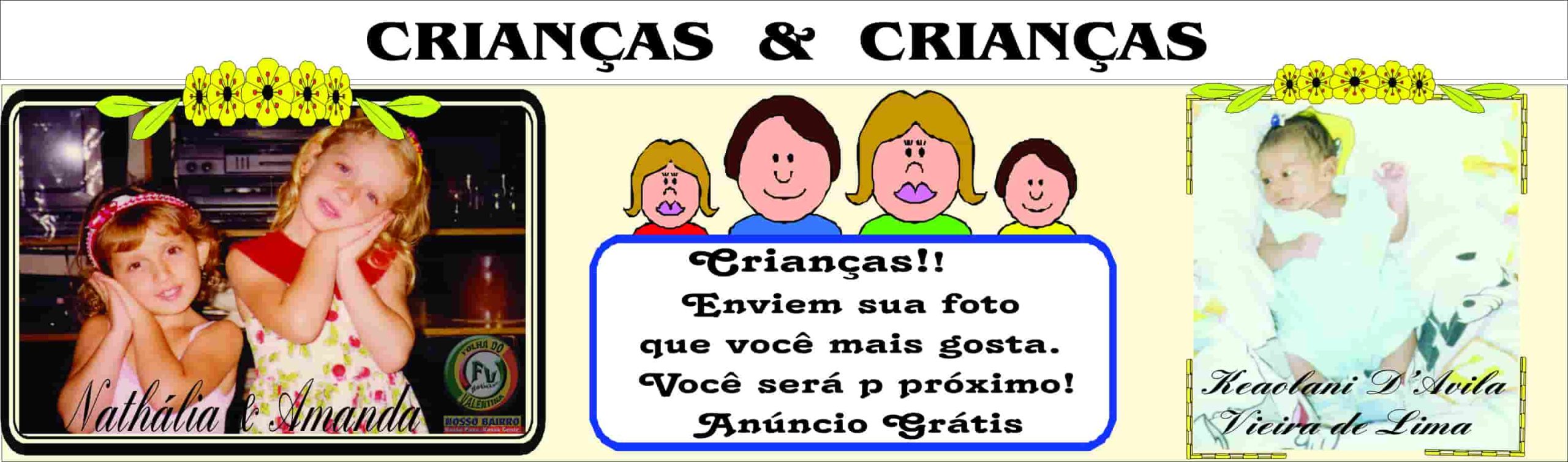 Nathália Prado e Amanda Prado participam da estreia da coluna infantil “CRIANÇAS & CRIANÇAS” na Folha do Valentina, representando o público mirim em uma página dedicada a brincadeiras, adivinhações e entretenimento para crianças do bairro.