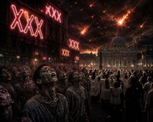 Cenário da revelação dos fatos com três XXX luminosos hipnotizando a multidão nas ruas próximas ao Vaticano.