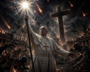 Um papa ergue um antigo cajado de madeira na Praça de São Pedro durante a noite, enquanto uma intensa luz branca irrompe do topo do cajado. Meteoros de fogo cruzam o céu em um cenário apocalíptico, e criaturas sombrias são dissipadas pela luz diante de uma grande cruz de madeira ao fundo.