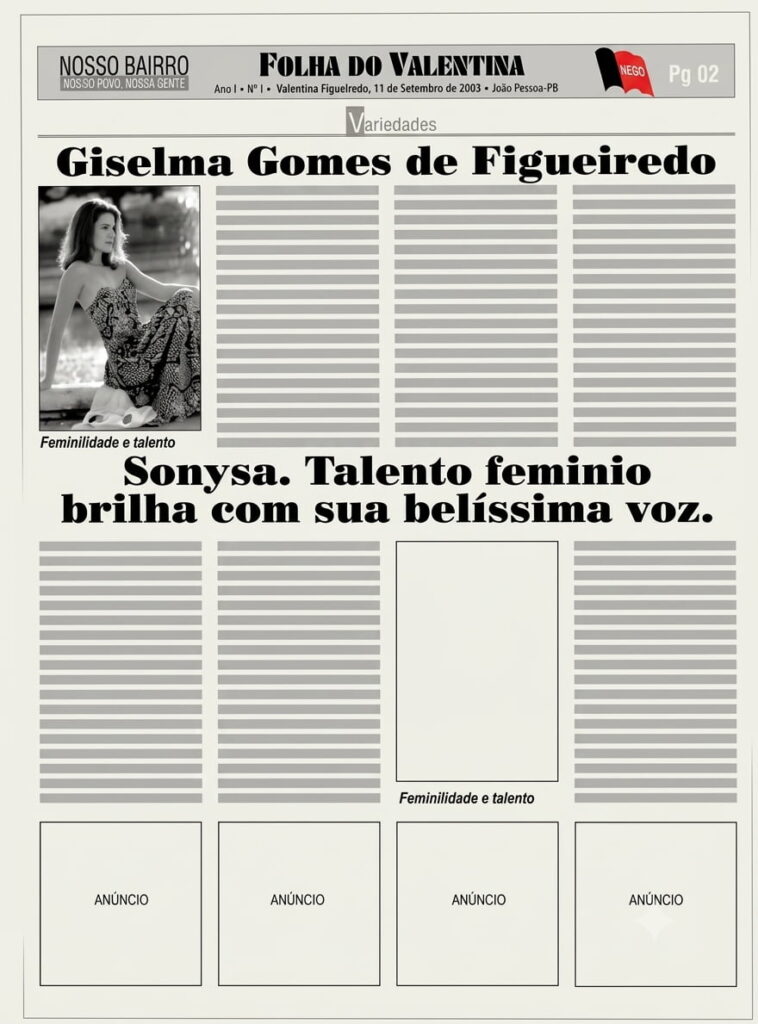Fotografia da página 02 do jornal impresso Folha do Valentina, datado de 11 de setembro de 2003, correspondente à seção Variedades.