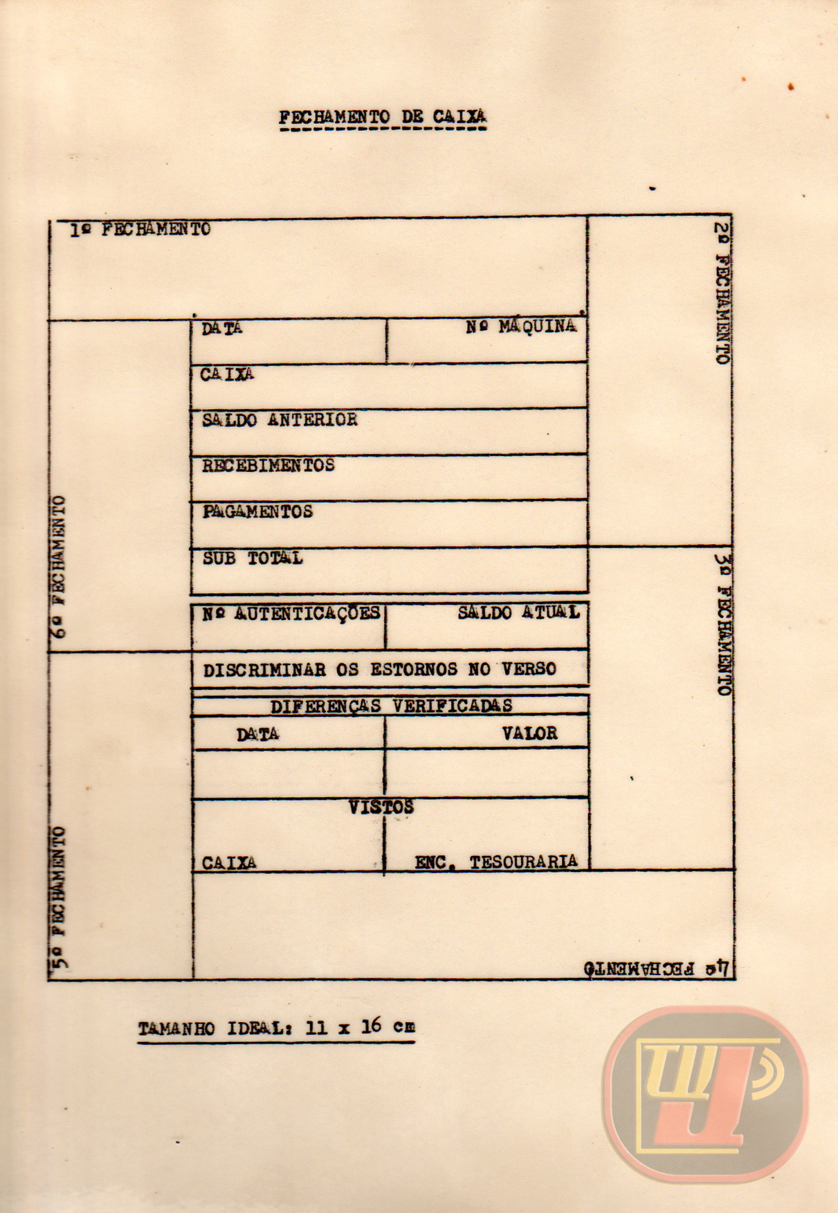 Esquema original datilografado do formulário de Fechamento de Caixa desenhado por Petrúcio Prado para o Concurso de Boas Ideias do Banco Bandeirantes em 1992.