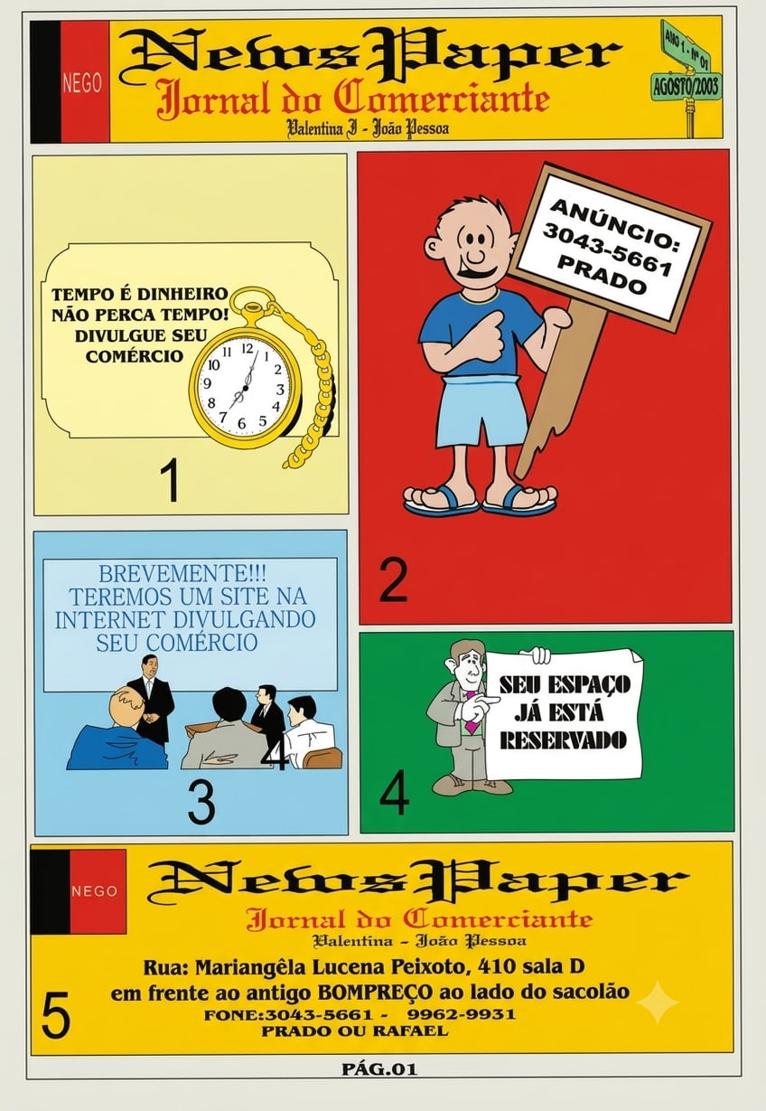 Capa restaurada do primeiro esboço do jornal comunitário datado de Agosto de 2003.