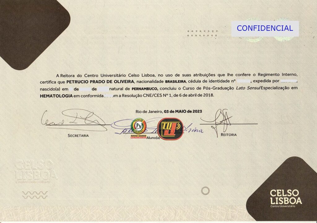 Certificado de Pós-Graduação Lato Sensu em Hematologia de Petrúcio Prado TV Jampa Oficial, emitido pelo Centro Universitário Celso Lisboa em maio de 2023.