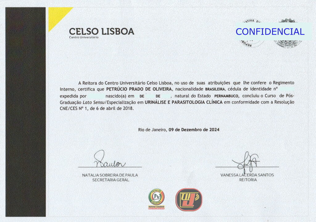 Certificado oficial de pós-graduação em Urinálise e Parasitologia Clínica de Petrúcio Prado TV Jampa Oficial, emitido pelo Centro Universitário Celso Lisboa em 9 de dezembro de 2024. O documento exibe o logotipo da instituição no canto superior esquerdo, um selo azul escrito "Confidencial" no canto superior direito e as assinaturas da Secretária Geral Natalia Sobreira de Paula e da Reitora Vanessa Lacerda Santos na parte inferior. Informações pessoais sensíveis estão ocultadas.