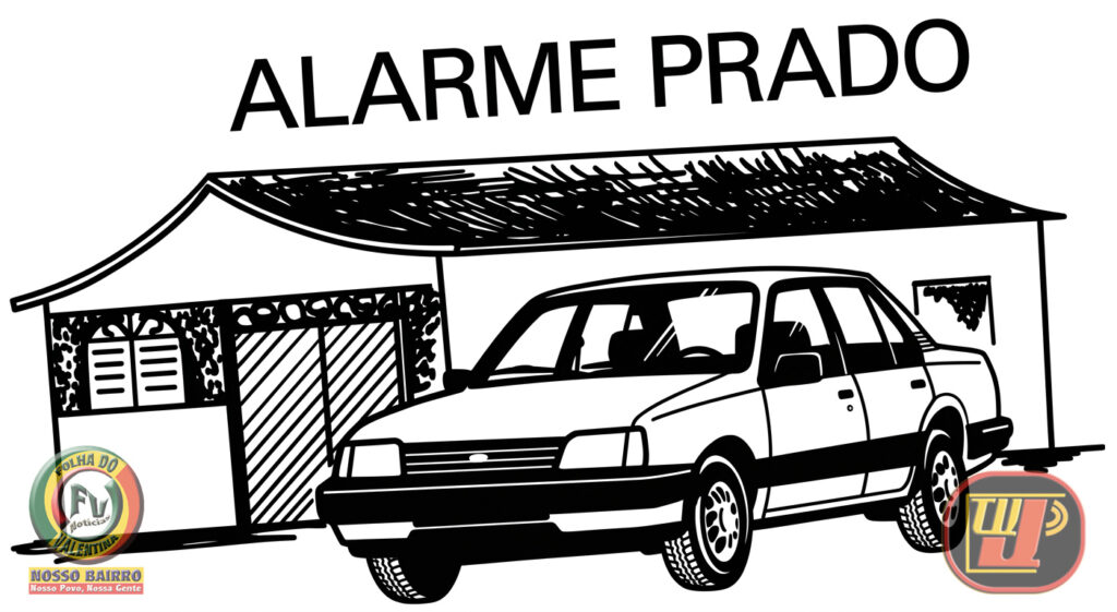 Ilustração em preto e branco estilizada como um desenho de linha para um adesivo publicitário da marca "Alarme Prado" nos anos 90. No topo, o texto em letras maiúsculas diz "ALARME PRADO". Abaixo do texto, há o desenho de uma residência ou comércio com telhado e portão de garagem fechado. Em primeiro plano, posicionado à frente do imóvel, destaca-se um carro antigo modelo Chevrolet Monza de quatro portas. No canto inferior esquerdo está inserido o selo circular "Folha do Valentina" e, no canto inferior direito, o logotipo da TV Jampa.