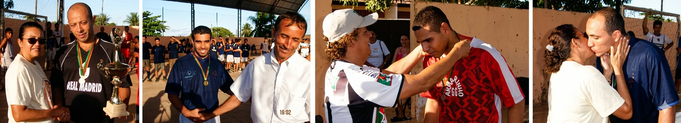 Montagem em quatro quadros mostrando a entrega de troféus e medalhas aos destaques e premiados do Torneio de Futsal do Valentina.