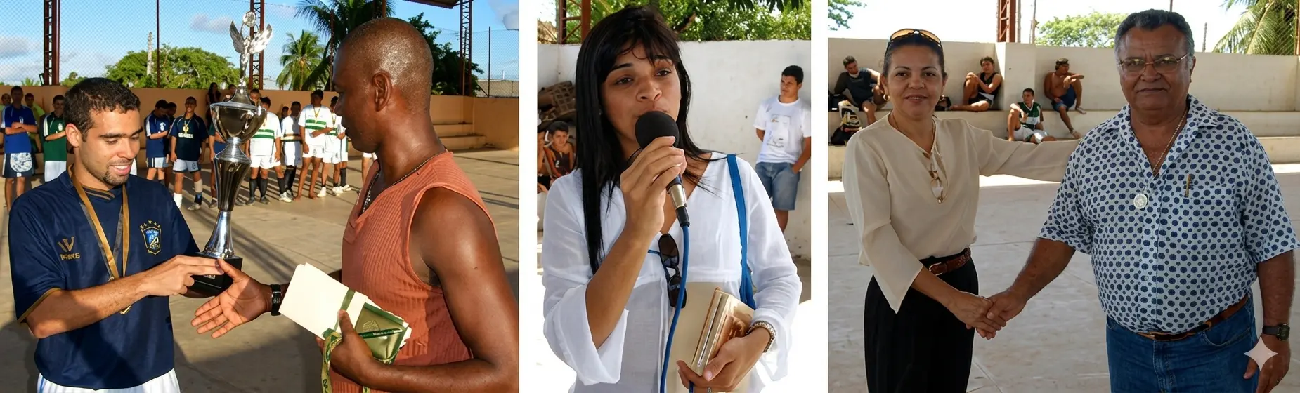 Montagem em três quadros mostrando a entrega do troféu de campeão, a apresentação da cantora gospel e a homenagem a professor no Torneio de Futsal do Valentina.