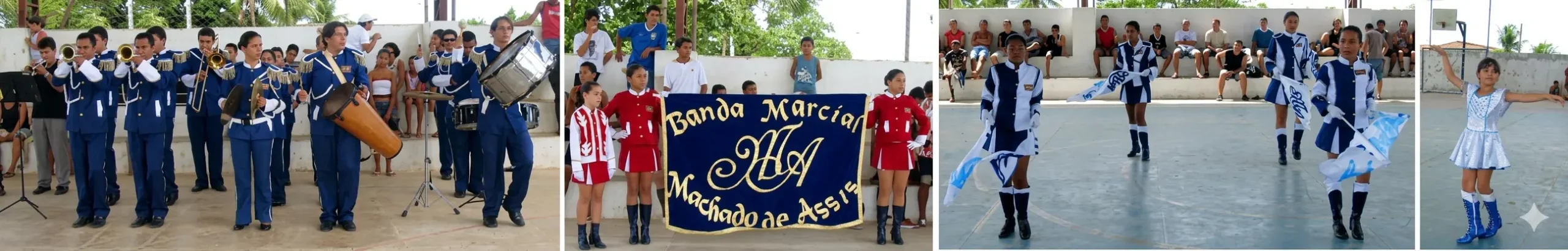 Montagem panorâmica com integrantes da Banda Marcial Machado de Assis tocando instrumentos de sopro e percussão, segurando o estandarte e realizando apresentação de dança com bandeiras na quadra esportiva.