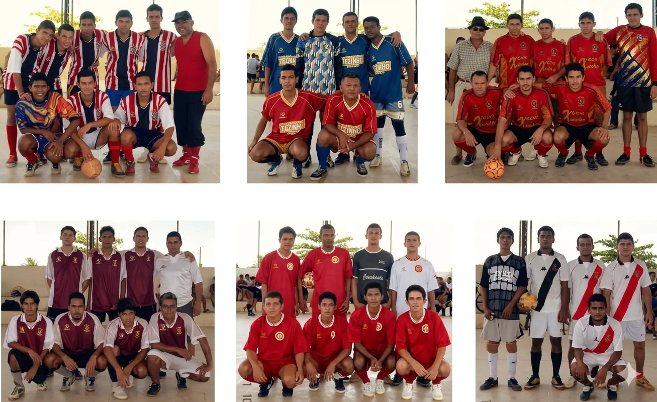 Montagem mostrando os times de futsal Betel 2 Jovem, Catedral, Igarací, Internacional, JC e Vasco da Gama posando uniformizados na quadra esportiva.