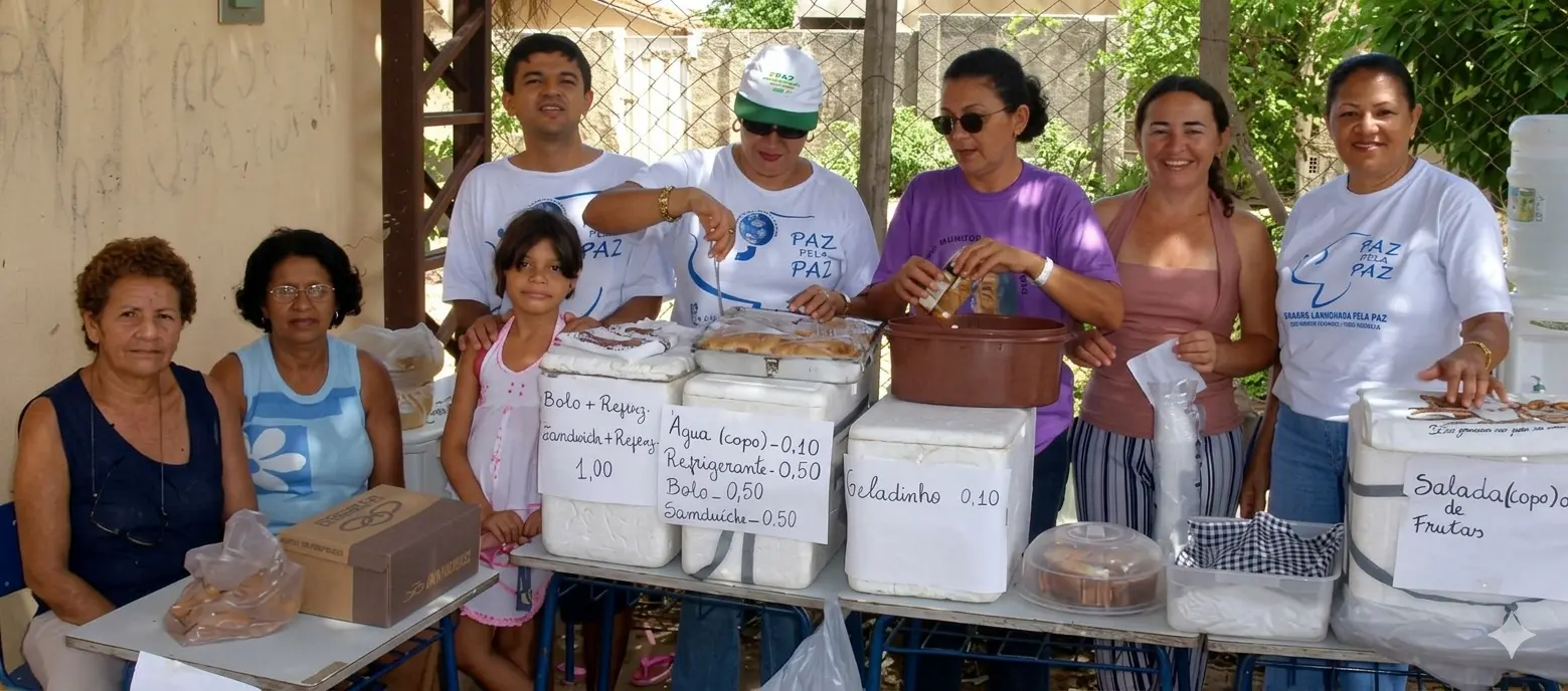 Grupo com Val, Dôra, Ronaldo, Rejane, Dulce, Maria José e Graça atendendo na barraca de lanches durante o Torneio de Futsal do Valentina.