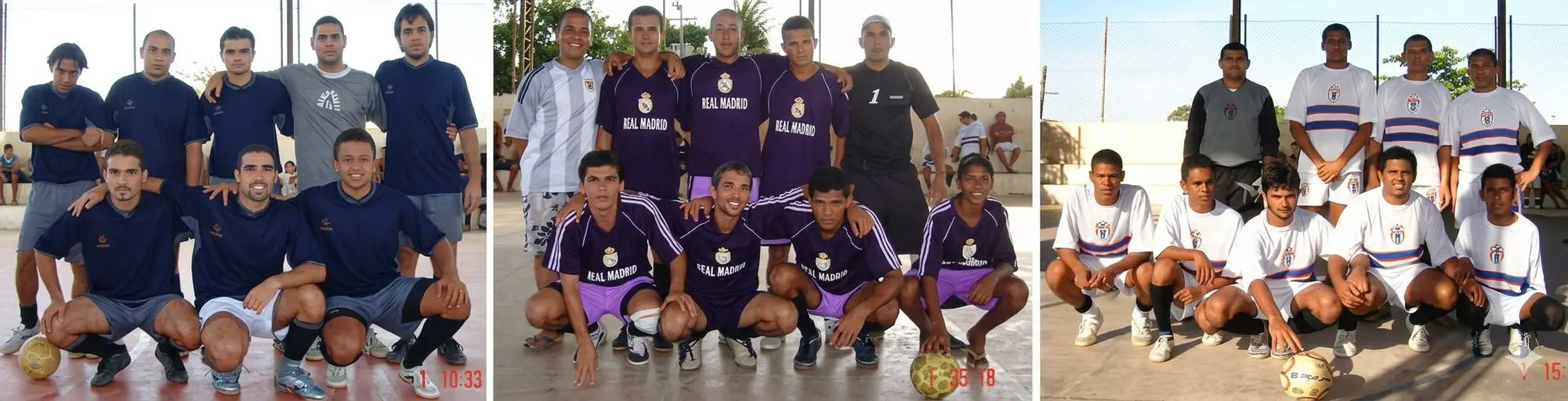Foto dividida mostrando as equipes Betel 1 campeã, Real Madrid vice-campeã e Juventus em terceiro lugar durante a premiação do Torneio de Futsal do Valentina.