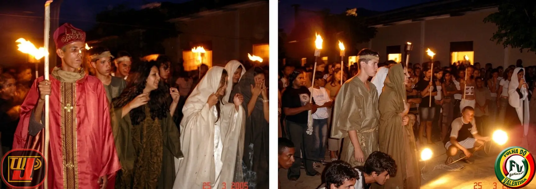 Cortejo noturno com tochas da Paixão de Cristo trazendo Caifás em veste vermelha à frente de Maria, Madalena e outros personagens.