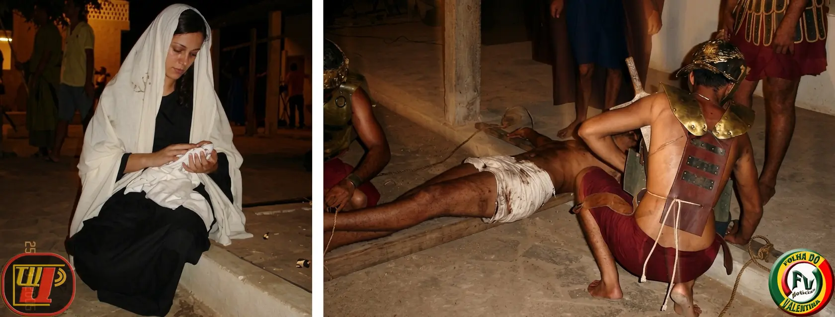 Procissão da Cruz e Paixão de Cristo com a atriz Didi caracterizada como Verônica segurando o Santo Sudário, ao lado de cena mostrando soldados romanos preparando a crucifixão de Jesus.
