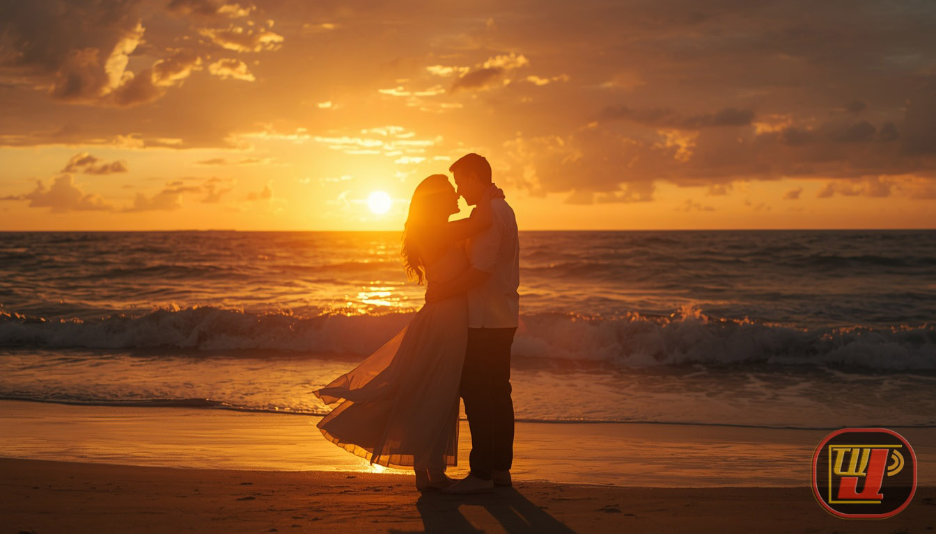 Amor Radiante Silhueta de um casal abraçado na beira da praia, prestes a se beijar durante o pôr do sol. O sol alaranjado está logo acima da linha do horizonte no oceano, iluminando o céu com nuvens douradas. A mulher veste um vestido longo e leve que esvoaça com a brisa, e o homem está com camisa de mangas curtas e calça. A luz do sol reflete na areia molhada e no mar, e o logotipo da TV Jampa está posicionado no canto inferior direito.