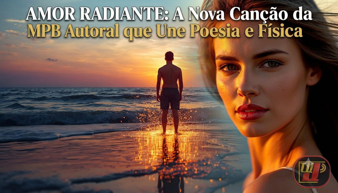 Um homem de costas, sem camisa e vestindo bermuda, em pé na areia molhada e na água rasa na beira do mar. Ele olha para um pôr do sol espetacular sobre o oceano, que preenche o céu com tons de laranja e azul. Respingo de água dourados brilham ao redor dos seus pés, e sua reflexão é visível na areia molhada. No canto inferior direito, há o logotipo da TV Jampa.