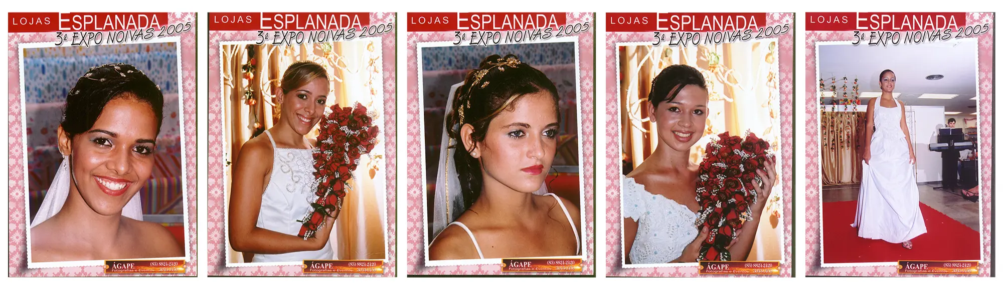 Uma imagem composta por cinco fotografias emolduradas no estilo polaroid, dispostas lado a lado, com moldura rosa decorada por pequenas flores brancas e a inscrição "Lojas Esplanada 3ª Expo Noivas 2005" no topo. No rodapé de cada foto há um selo marrom e dourado da Ágape Fotografias e Eventos. Da esquerda para a direita, a imagem exibe: um close sorridente de Leidy Anny com véu de noiva; Mary Anne vestindo modelo de alça fina e segurando um buquê em formato de cascata de rosas vermelhas; o perfil de Nathalie com arranjo delicado no cabelo; um registro de noiva sorrindo com buquê de rosas vermelhas; e na última moldura, Suellen Carla desfilando em corpo inteiro com um vestido de noiva branco sobre a passarela vermelha.