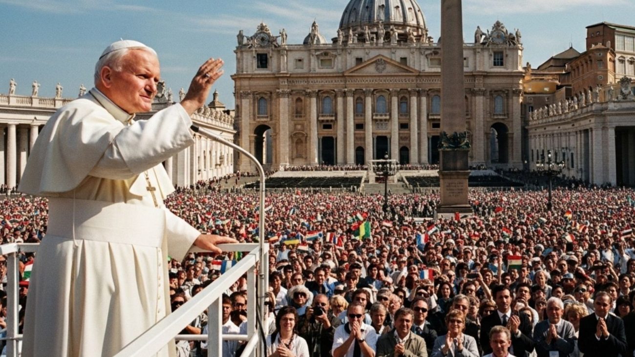Papa João Paulo II em 2005 acenando para multidão de fiéis reunidos na Praça de São Pedro no Vaticano.